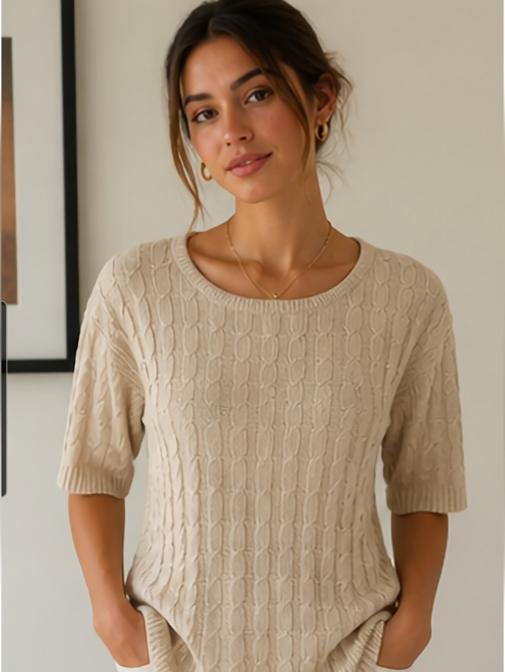 Via Condotti Florida Cable Knit Short Sleeve Sweater Beige Silk Blend Cotton M